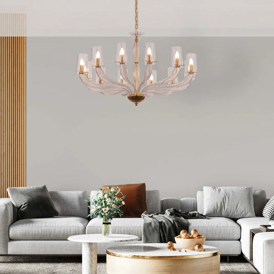 Midnight In Paris large gold glass chandelier illuminating an elegant living room