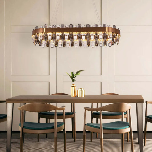 Luxurious gold-finished oval crystal chandelier with dimmable LED lighting