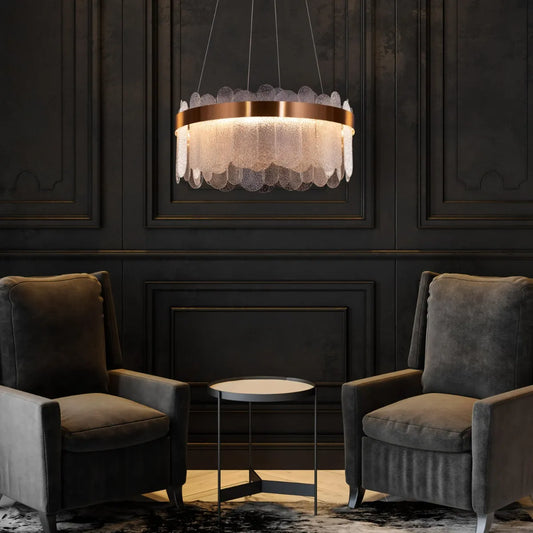 Join The Party Round Glass Chandelier hanging in a modern dining room.