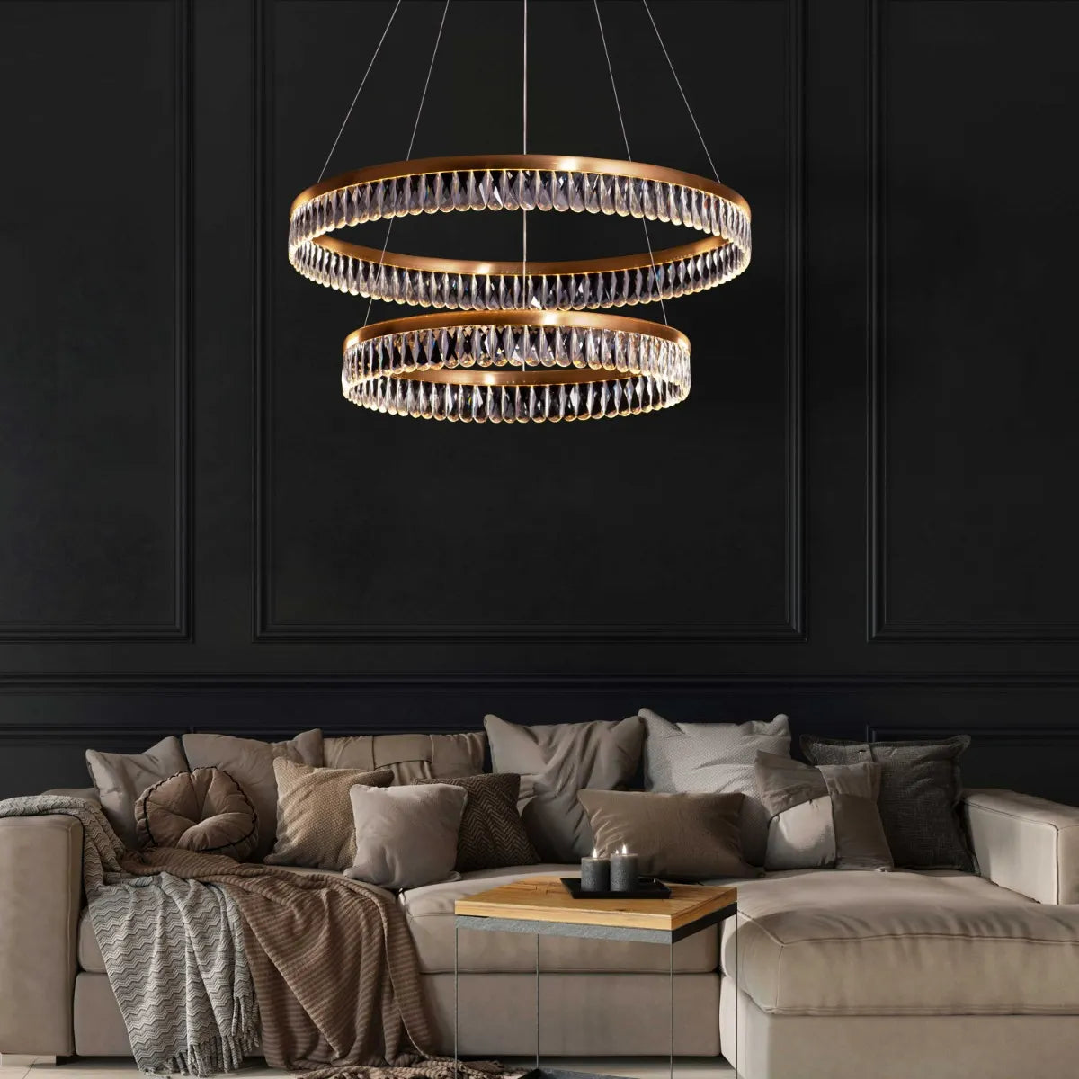 Large gold Through The Fire 2-layer crystal chandelier illuminating a grand living room