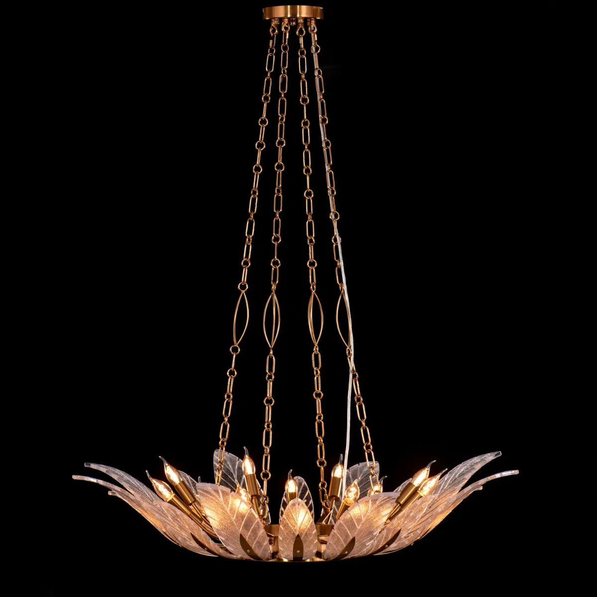 Trance Glass Chandelier suspended in a grand foyer, its gold framework and glass elements creating a dazzling display.