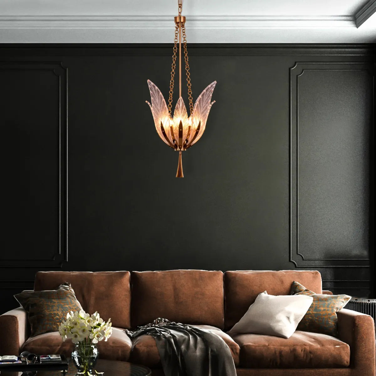 Trance Small Gold Glass Chandelier illuminating an intimate dining nook with warm, golden light