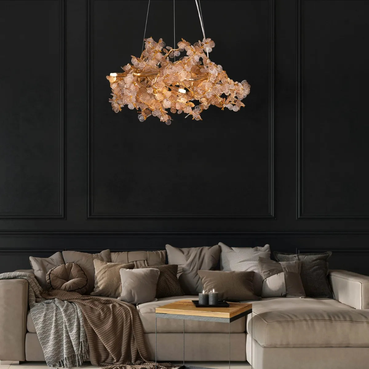 California Tree Branch Crystal Chandelier illuminating a luxurious dining room.