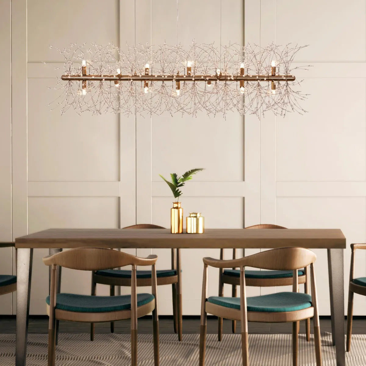 Touch The Clouds Gold Rectangular Crystal Chandelier in an opulent living room setting