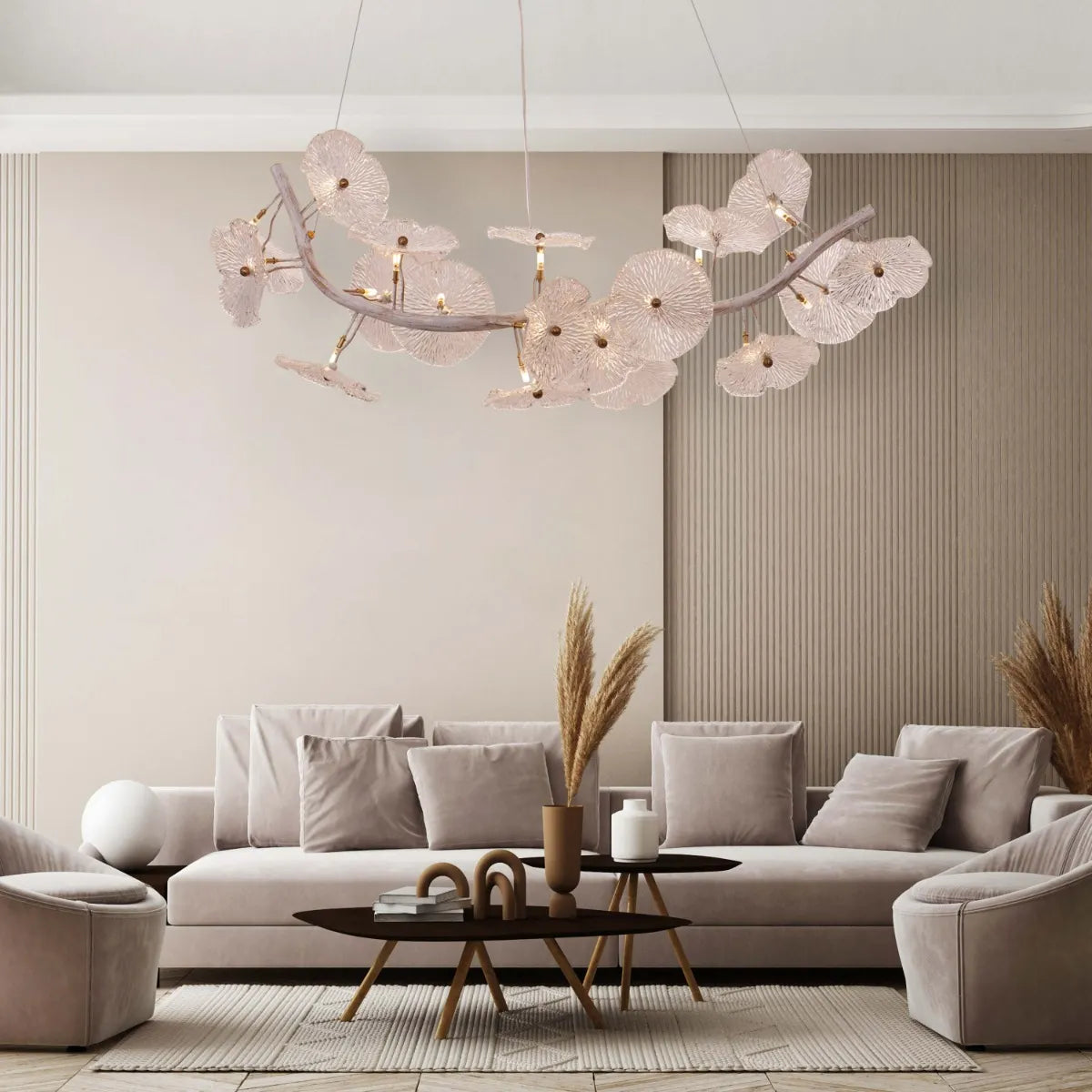 Written In The Stars Vintage Gold Tree Branch Glass Chandelier illuminating a grand living room