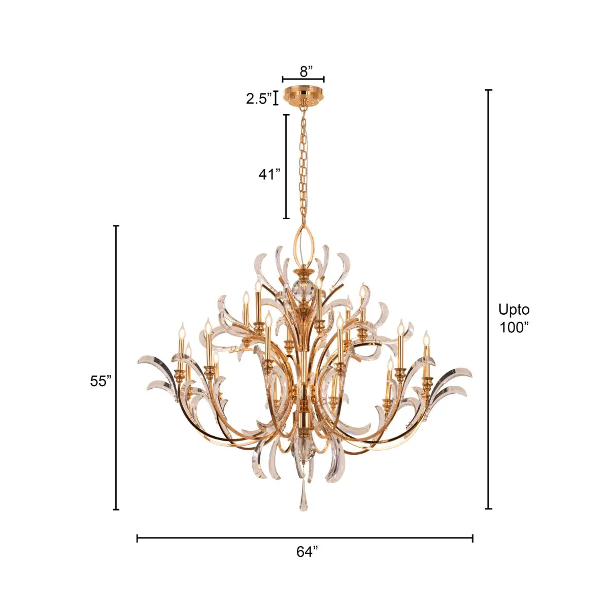 Large gold crystal chandelier with multiple tiers resembling a cascading fountain