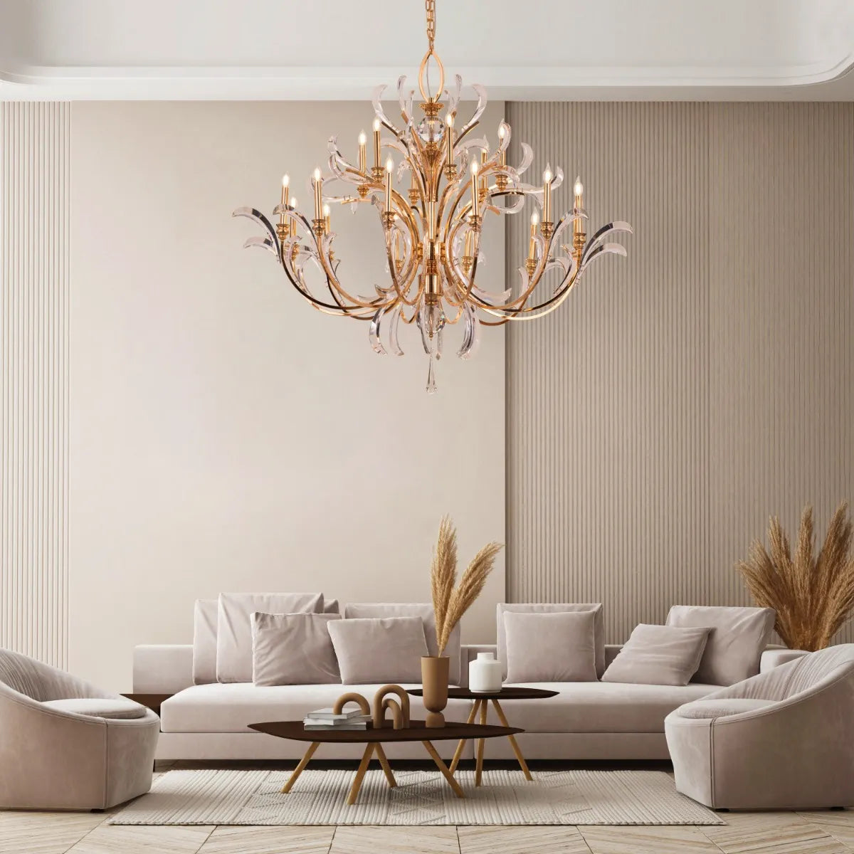 Large gold crystal chandelier with multiple tiers resembling a cascading fountain