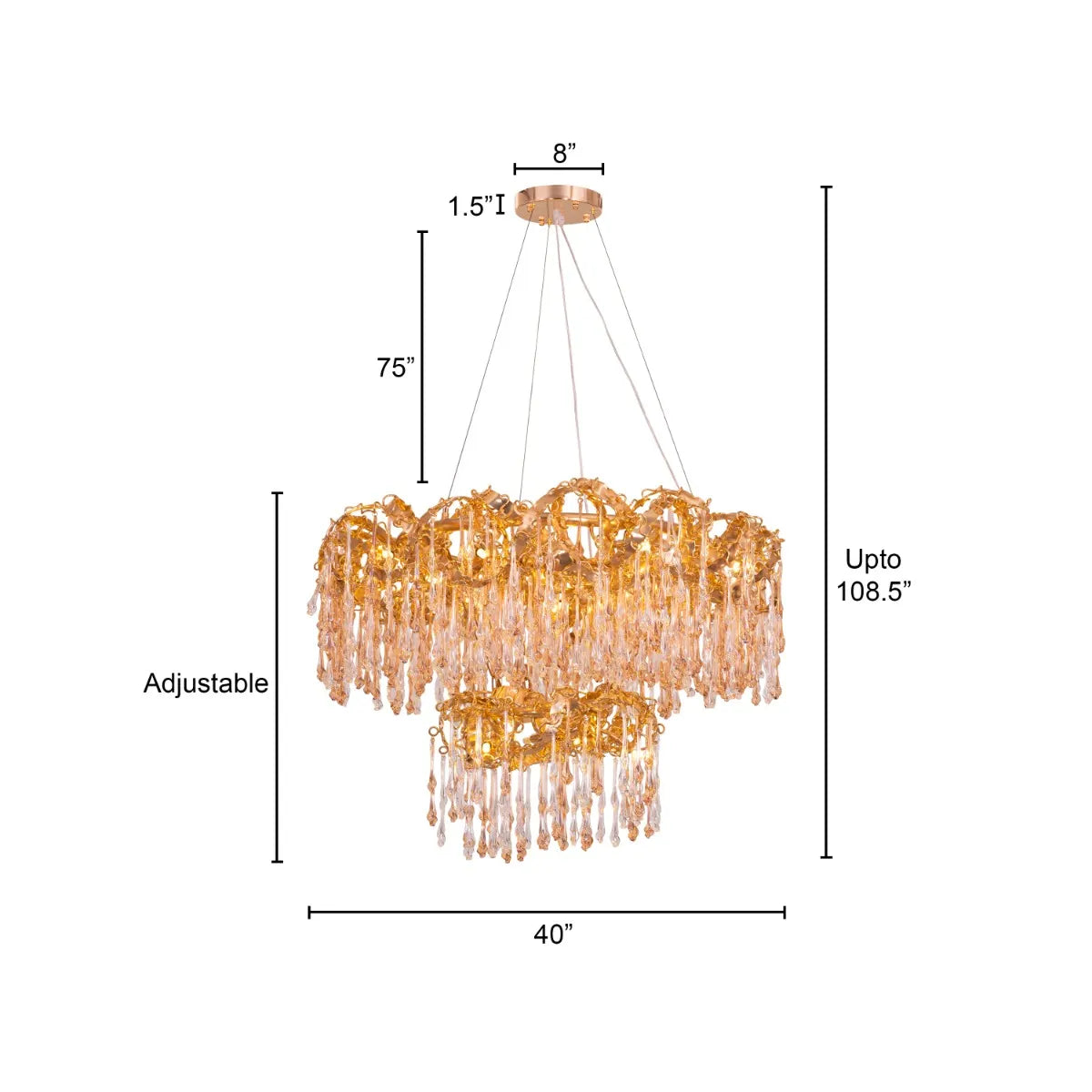 Medium-sized amber crystal chandelier with two layers resembling a golden galaxy