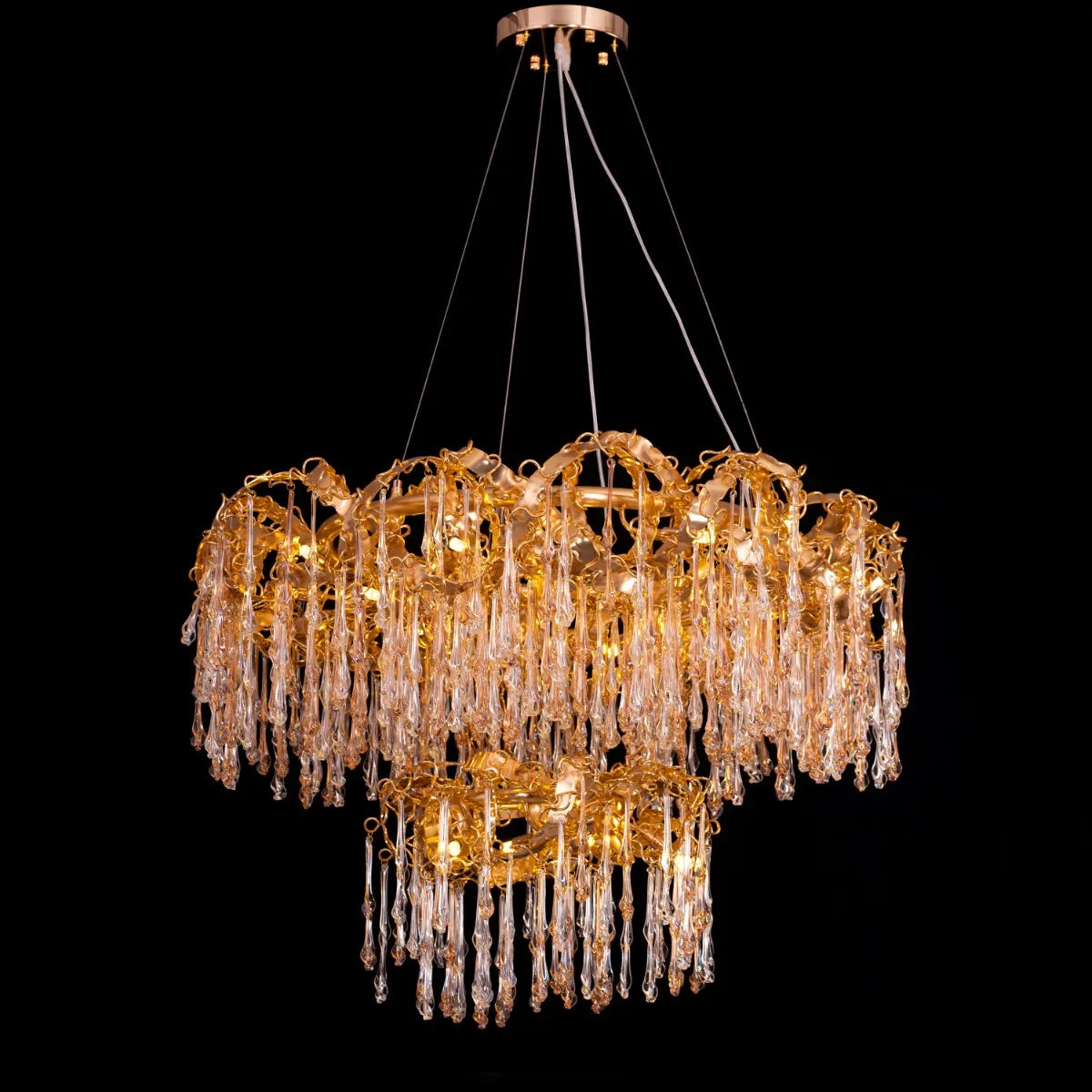 Medium-sized amber crystal chandelier with two layers resembling a golden galaxy