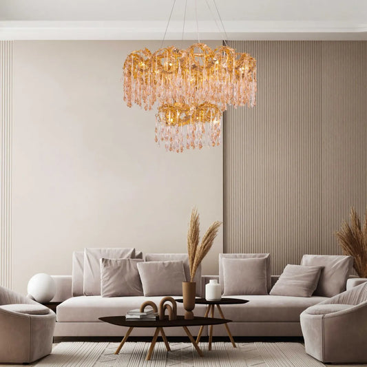 Medium-sized amber crystal chandelier with two layers resembling a golden galaxy