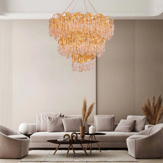 Large gold 3-layer crystal chandelier resembling a sparkling galaxy