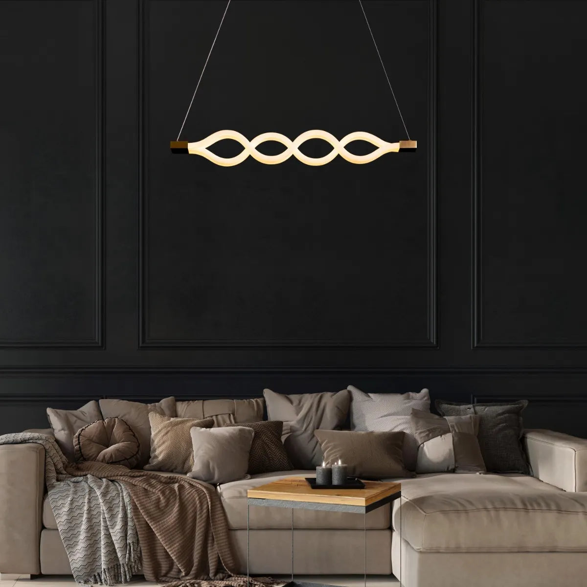 Medium gold chandelier with intricate global-inspired design and LED lights