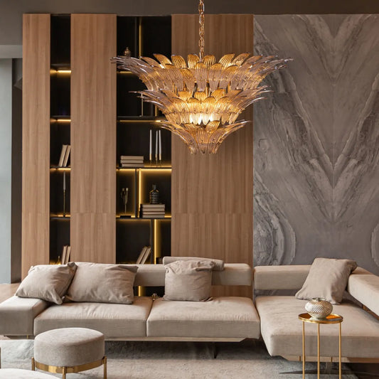 Land This Plane Chandelier suspended in a luxurious living room, its gold framework and glass elements evoking an aircraft's descent.