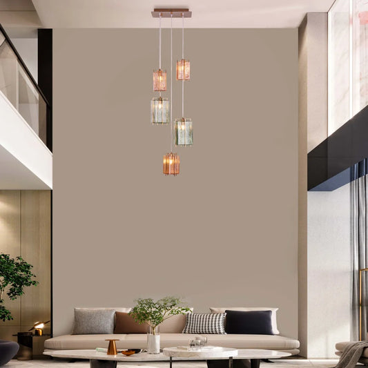 Take The Leap Textured Glass Chandelier illuminating a modern living room.