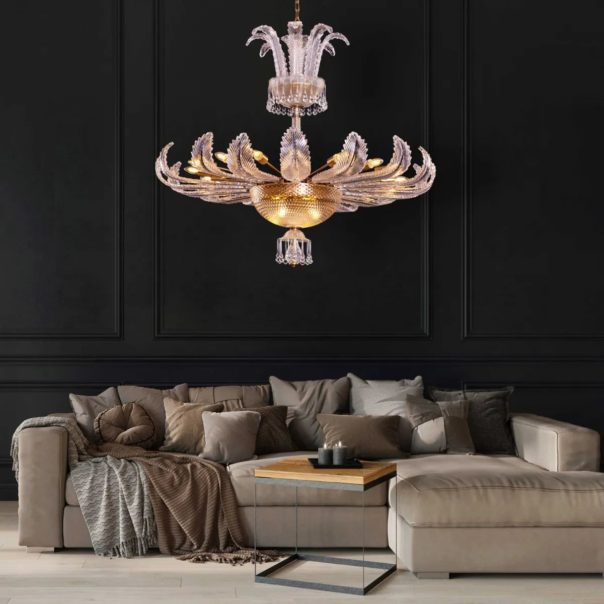 Large gold crystal chandelier with intricate design, hanging in an opulent room