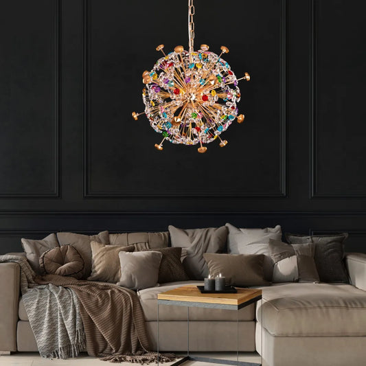 Soaring Crystal Chandelier illuminating a grand foyer with dazzling light.