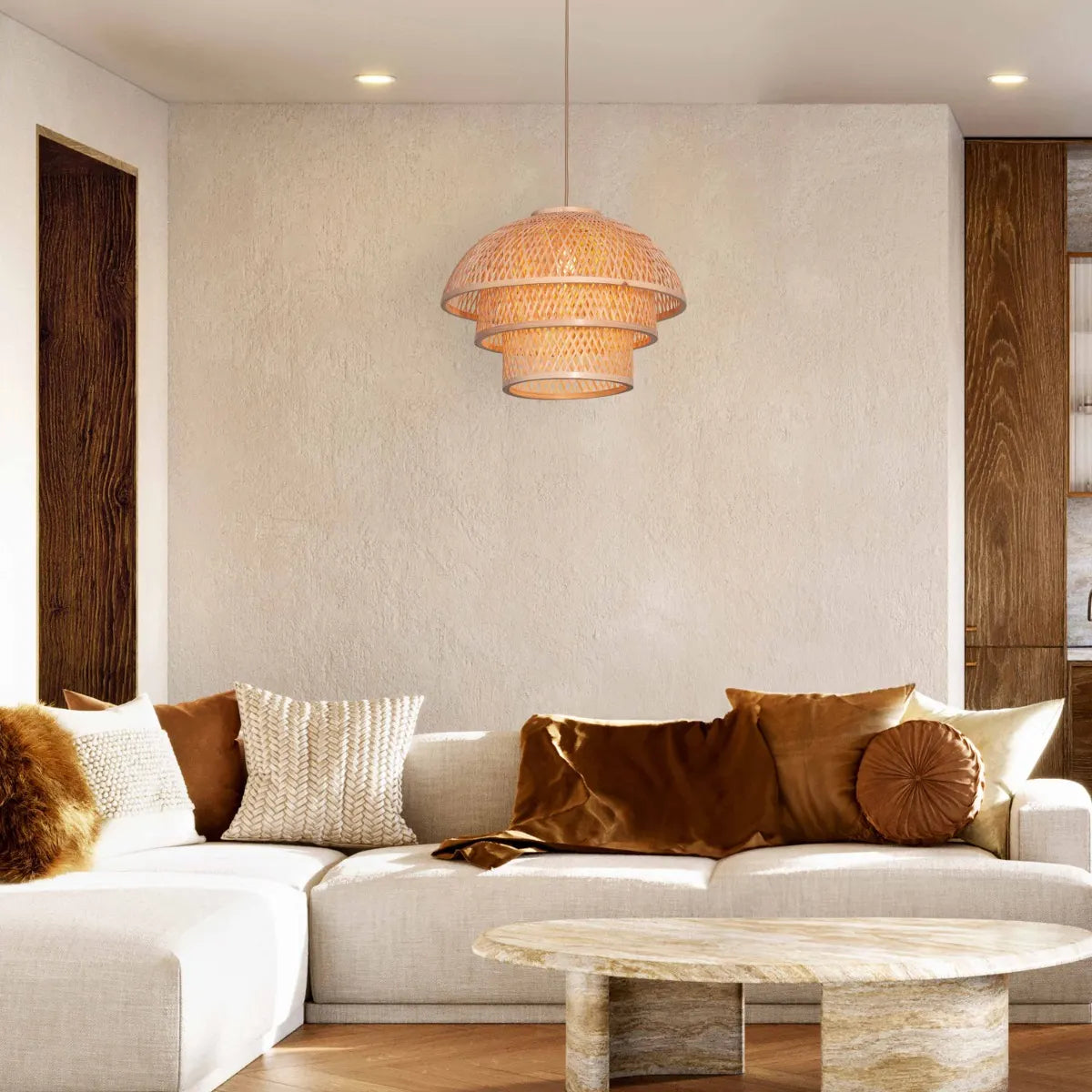 A unique rattan pendant light named 'Never The Same,' featuring a handcrafted, woven rattan shade with an organic, irregular shape. The natural fibers create a warm, inviting glow as light filters through the intricate patterns, offering a bohemian, rustic charm that adds texture and character to any space.