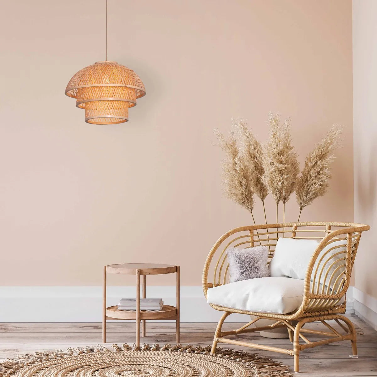 A unique rattan pendant light named 'Never The Same,' featuring a handcrafted, woven rattan shade with an organic, irregular shape. The natural fibers create a warm, inviting glow as light filters through the intricate patterns, offering a bohemian, rustic charm that adds texture and character to any space.