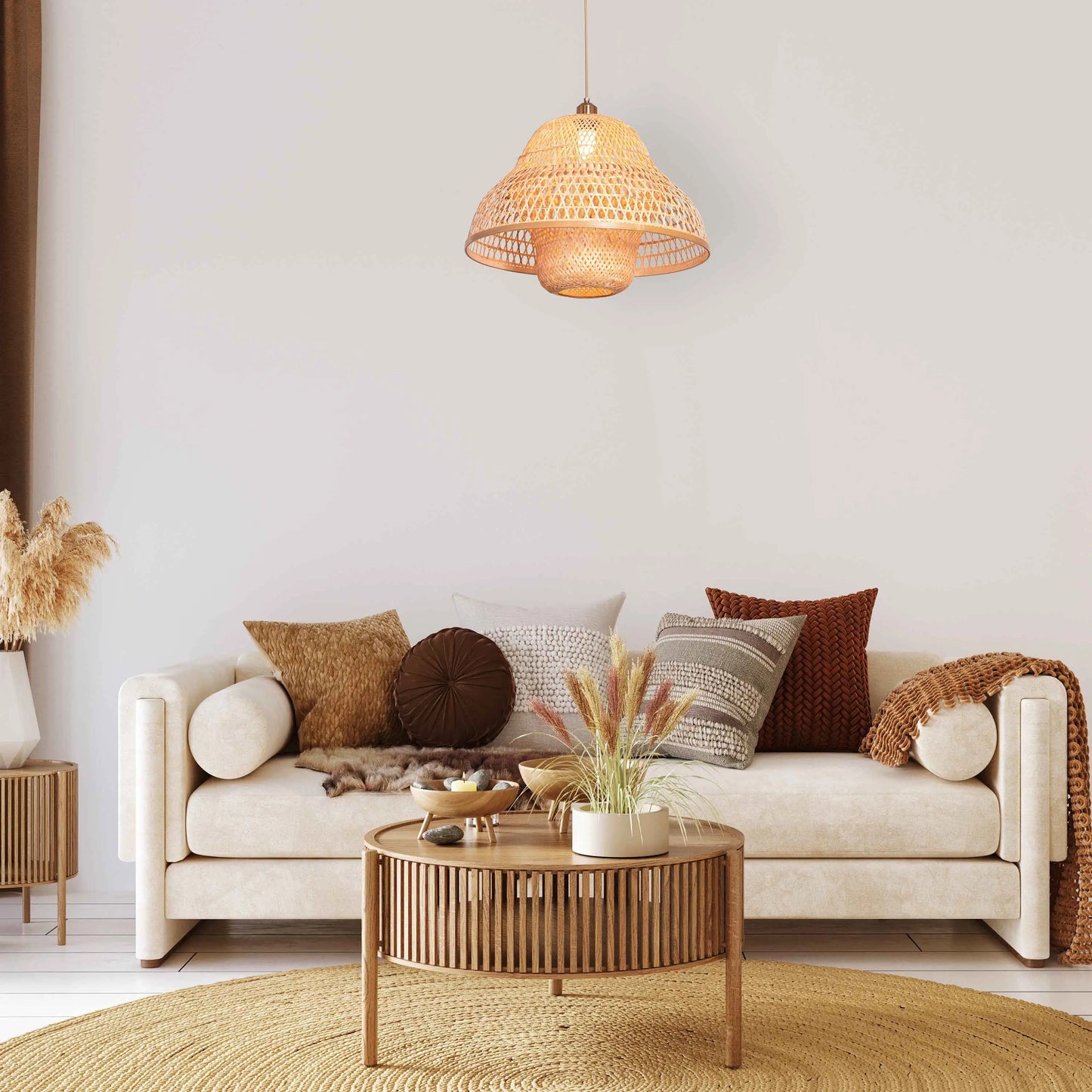 A stylish rattan pendant light named 'Paid The Bill,' featuring a handwoven, spherical rattan shade with intricate patterns. The natural fibers allow light to softly filter through, casting warm, textured shadows. This pendant light blends bohemian charm with modern design, adding a cozy and artistic touch to any room.