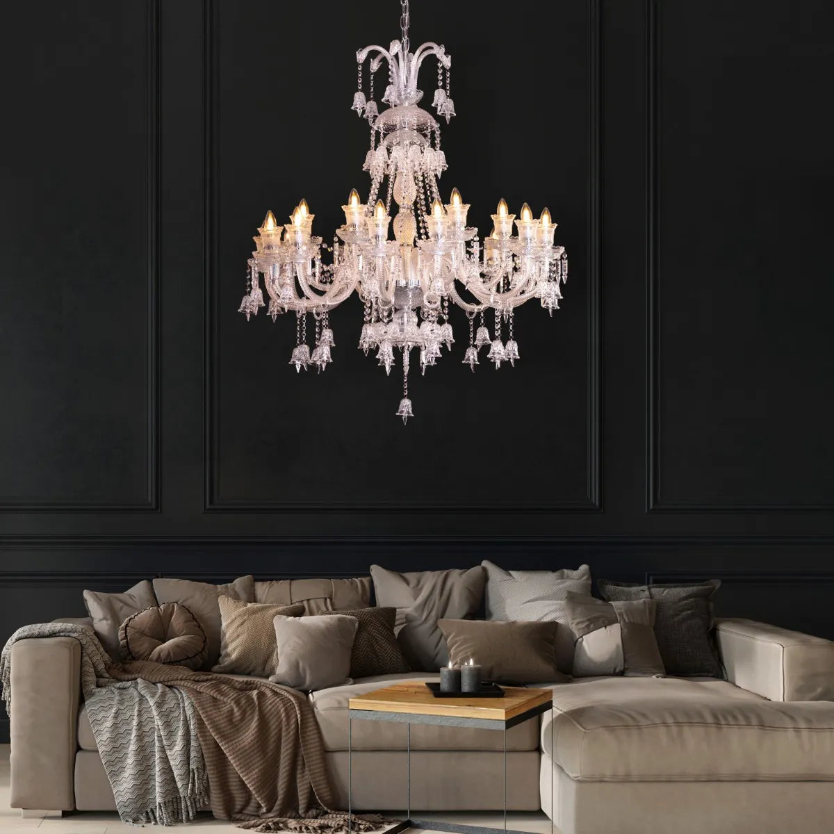 Large chrome Rules The Room Grand crystal chandelier illuminating a luxurious hotel lobby with dazzling brilliance