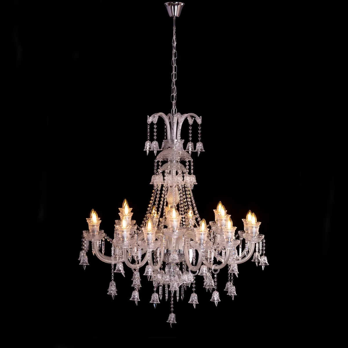 Large chrome Rules The Room Grand crystal chandelier illuminating a luxurious hotel lobby with dazzling brilliance