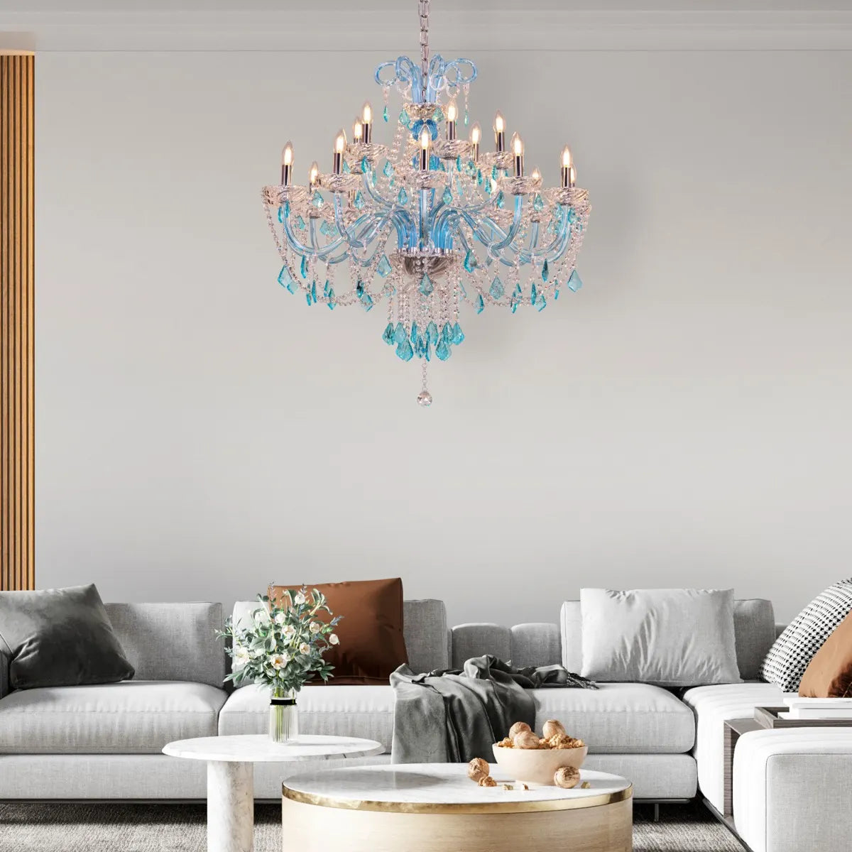 Georgian Glamour Grand large aqua blue crystal chandelier illuminating a grand entryway