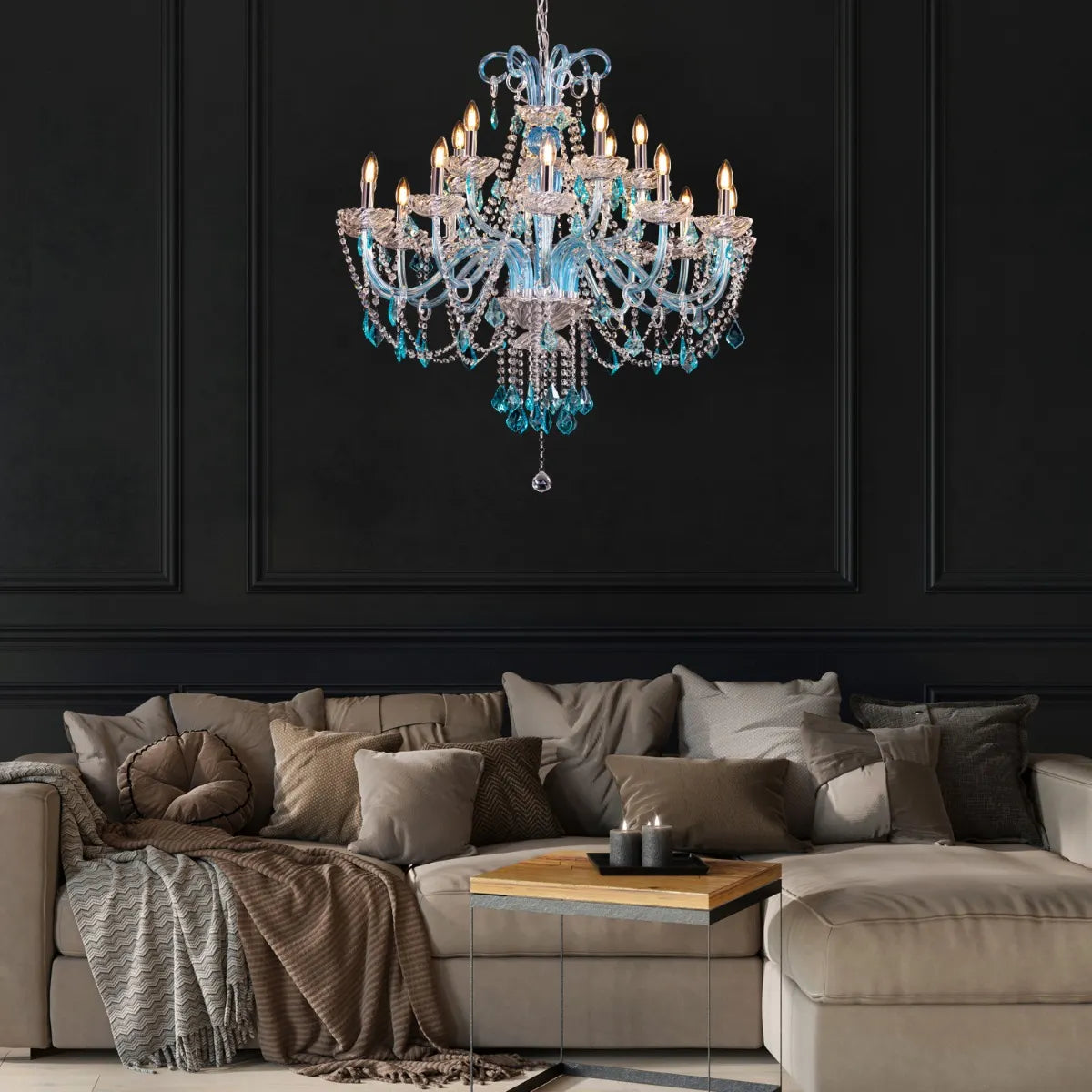 Georgian Glamour Grand large aqua blue crystal chandelier illuminating a grand entryway