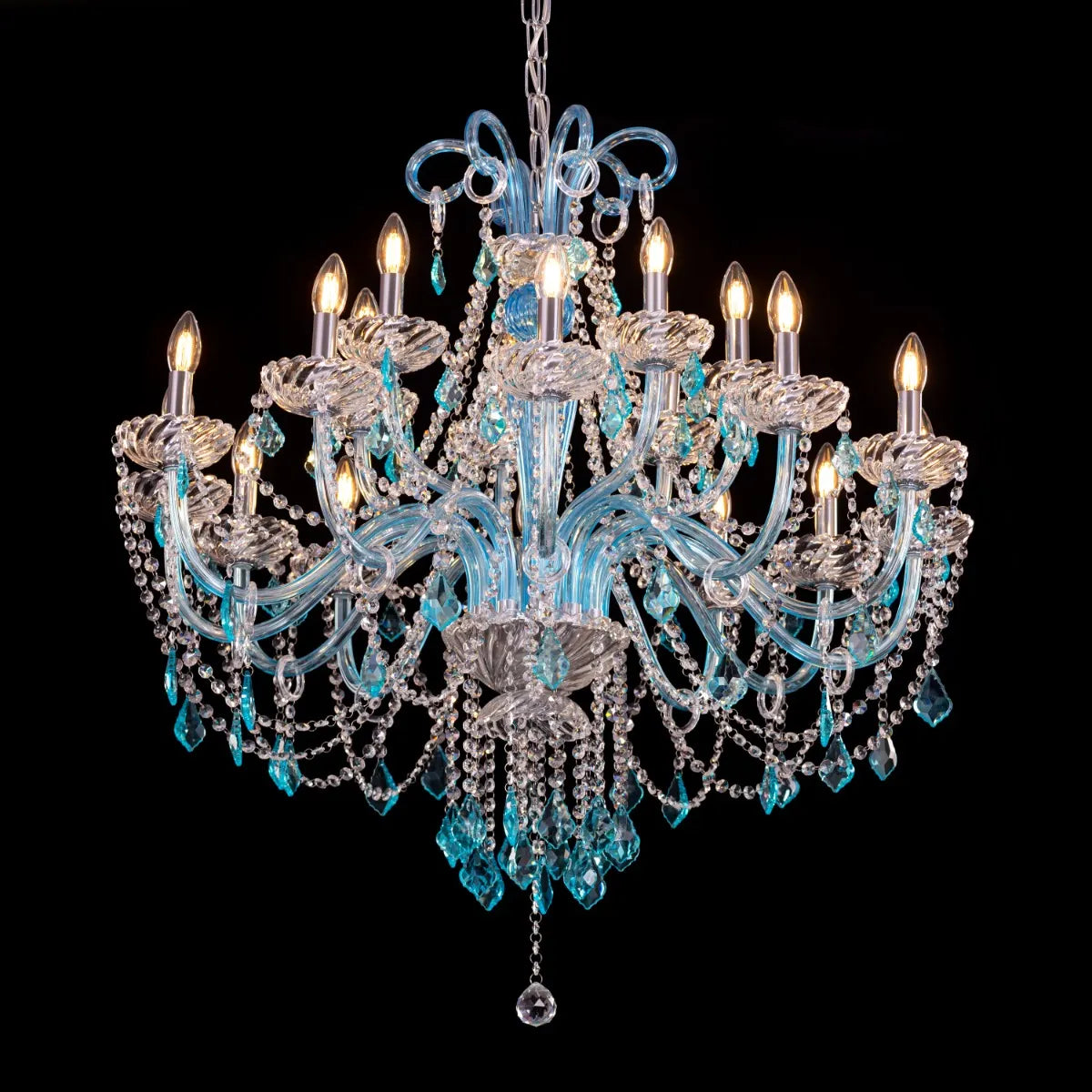 Georgian Glamour Grand large aqua blue crystal chandelier illuminating a grand entryway