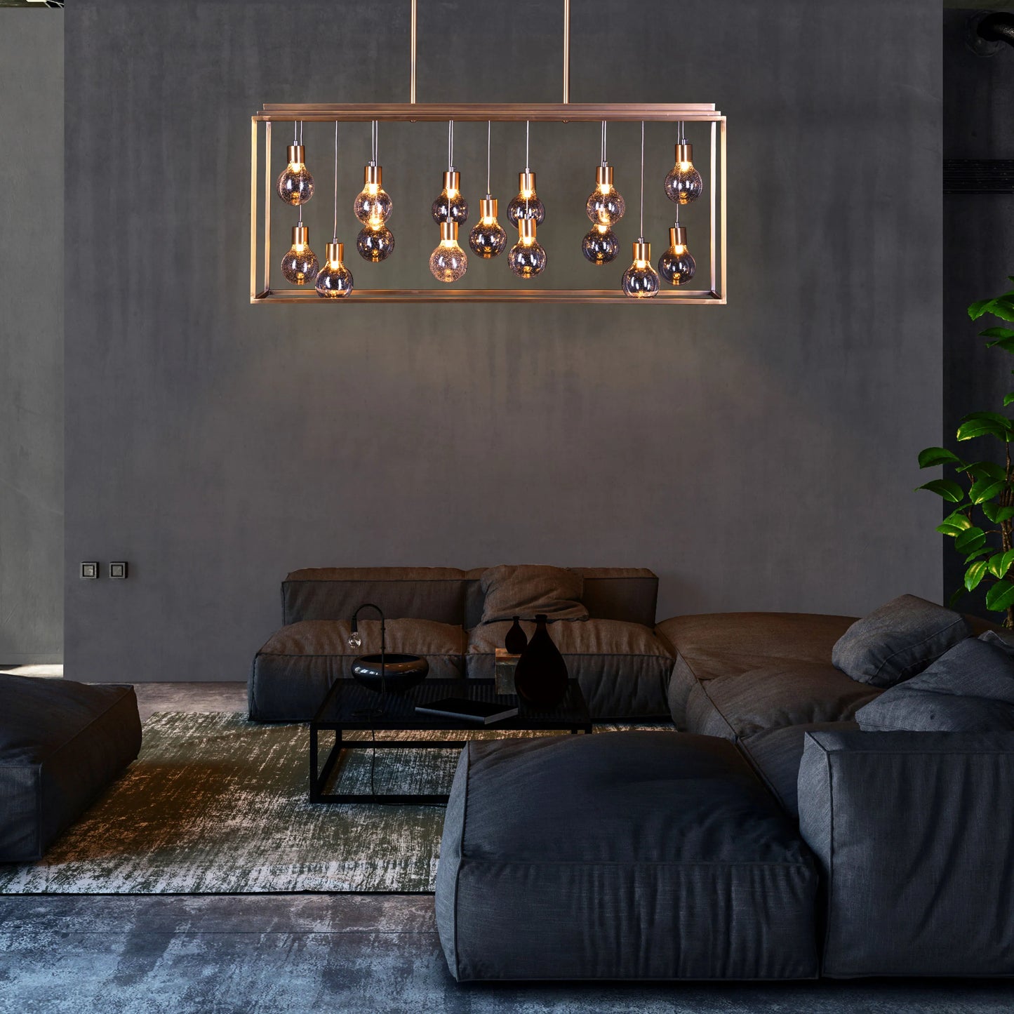 Moonlight Shimmer glass chandelier with shimmering shades hanging in a modern living room.