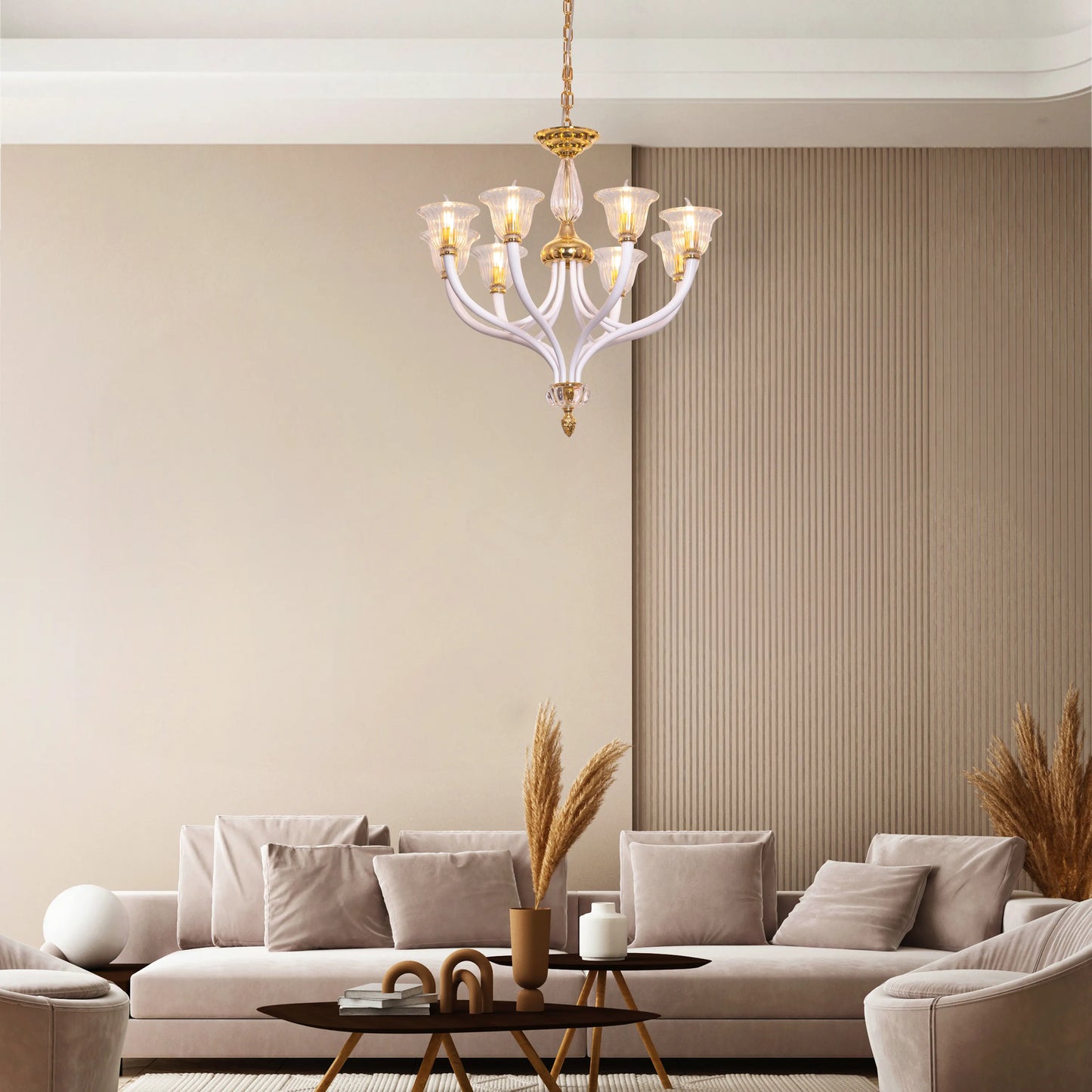 Gold chandelier with textured glass design