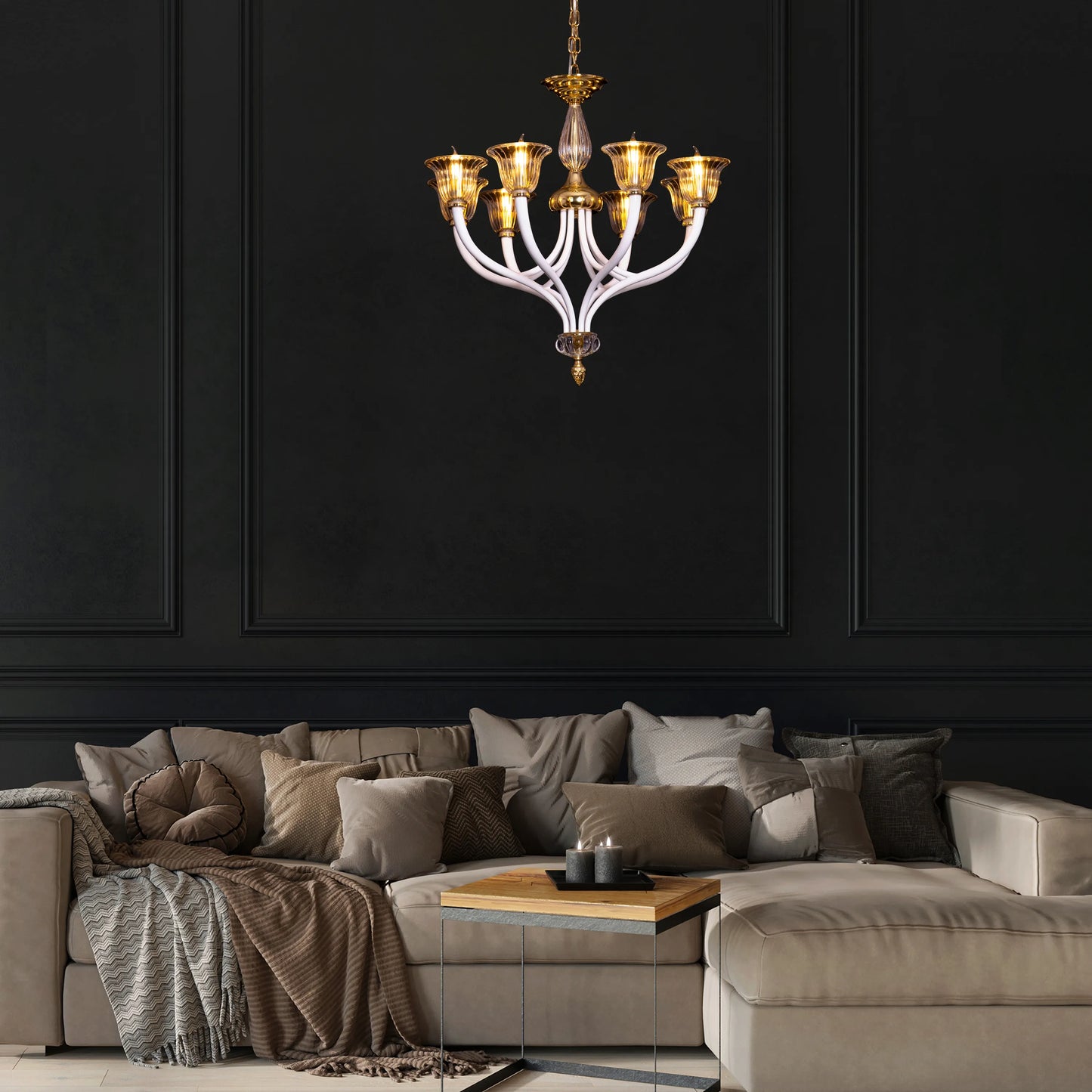 Gold chandelier with textured glass design