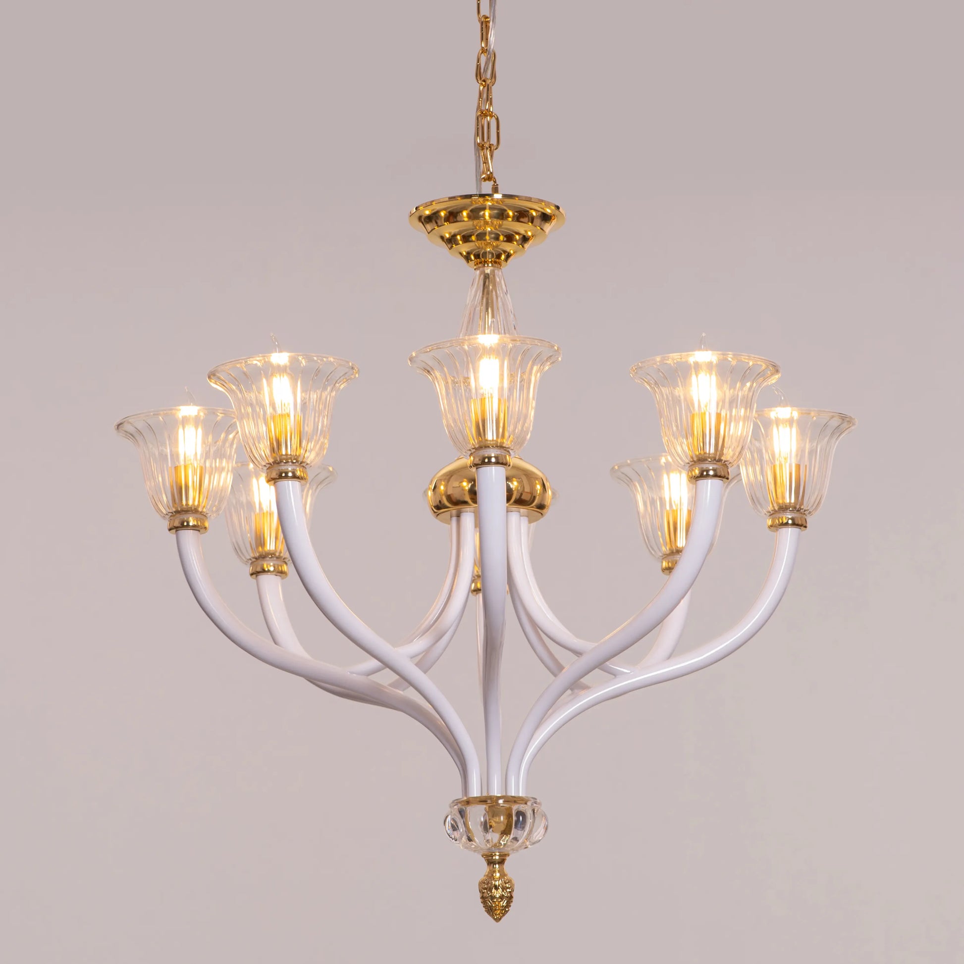 Gold chandelier with textured glass design