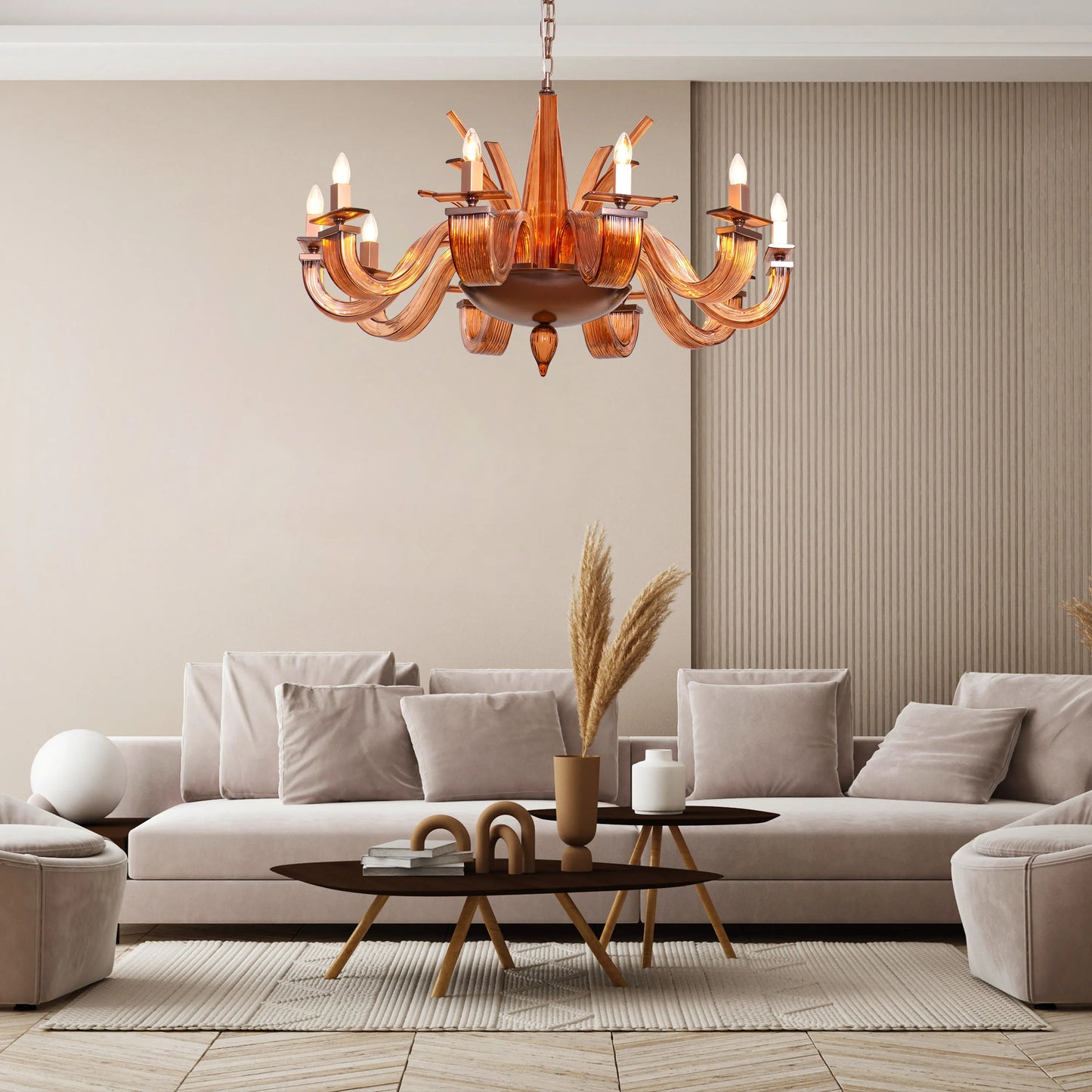 Large brown textured glass chandelier with overlapping layers creating a velvet-like appearance