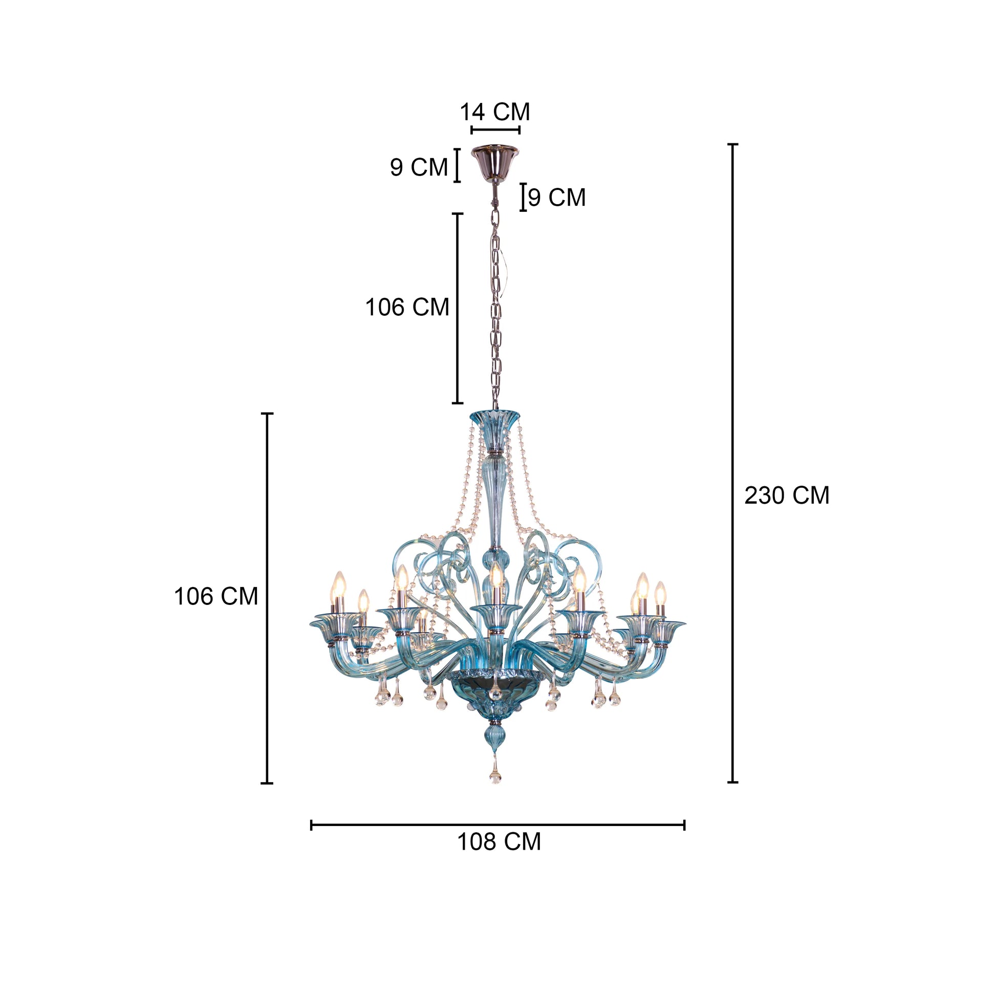 Grecian Glamour large blue textured glass chandelier illuminating a luxurious living room