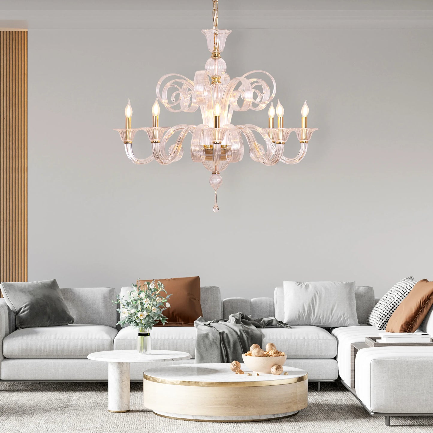 Large gold chandelier with cascading textured glass