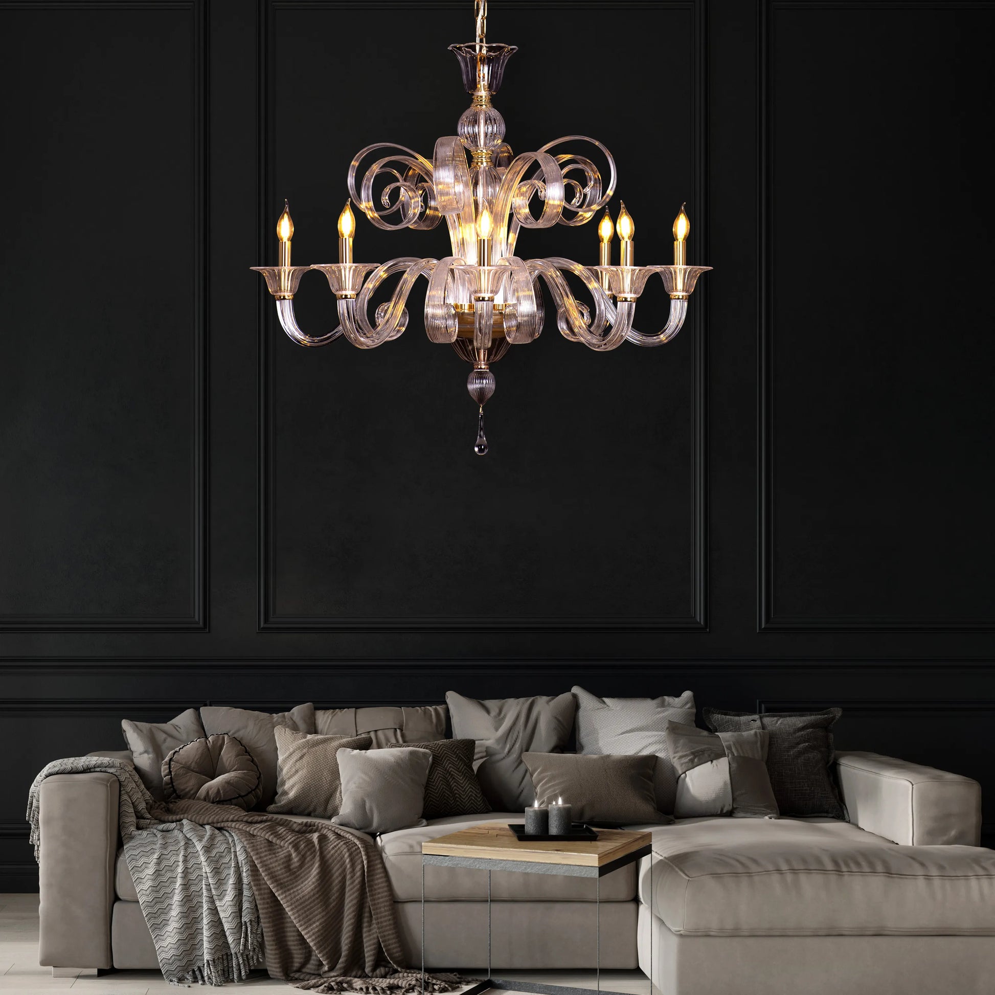 Large gold chandelier with cascading textured glass