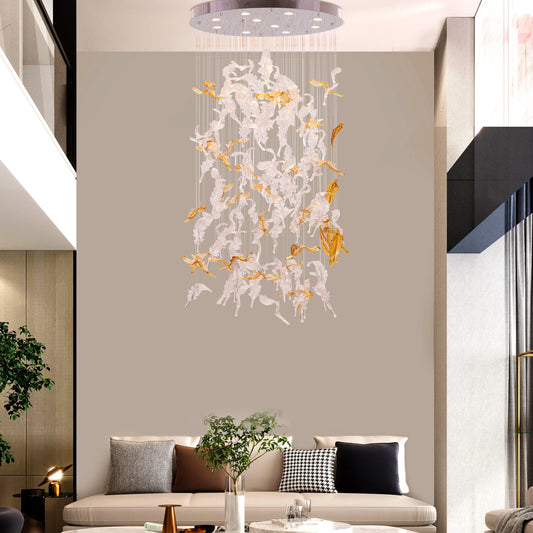 Sleek chrome and textured glass double-height chandelier with LED lighting