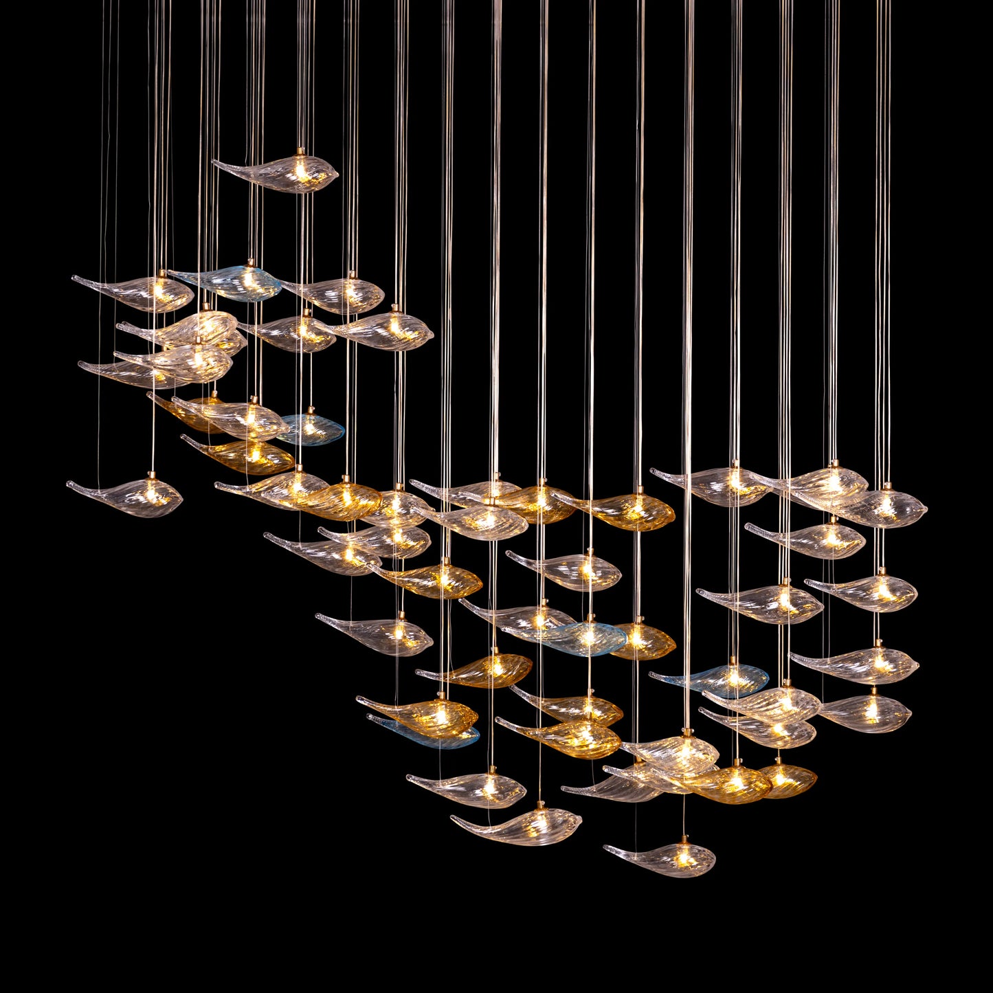 Swim With The Tide (Large, Gold, Clear, Amber) Textured Glass Double Height Chandelier