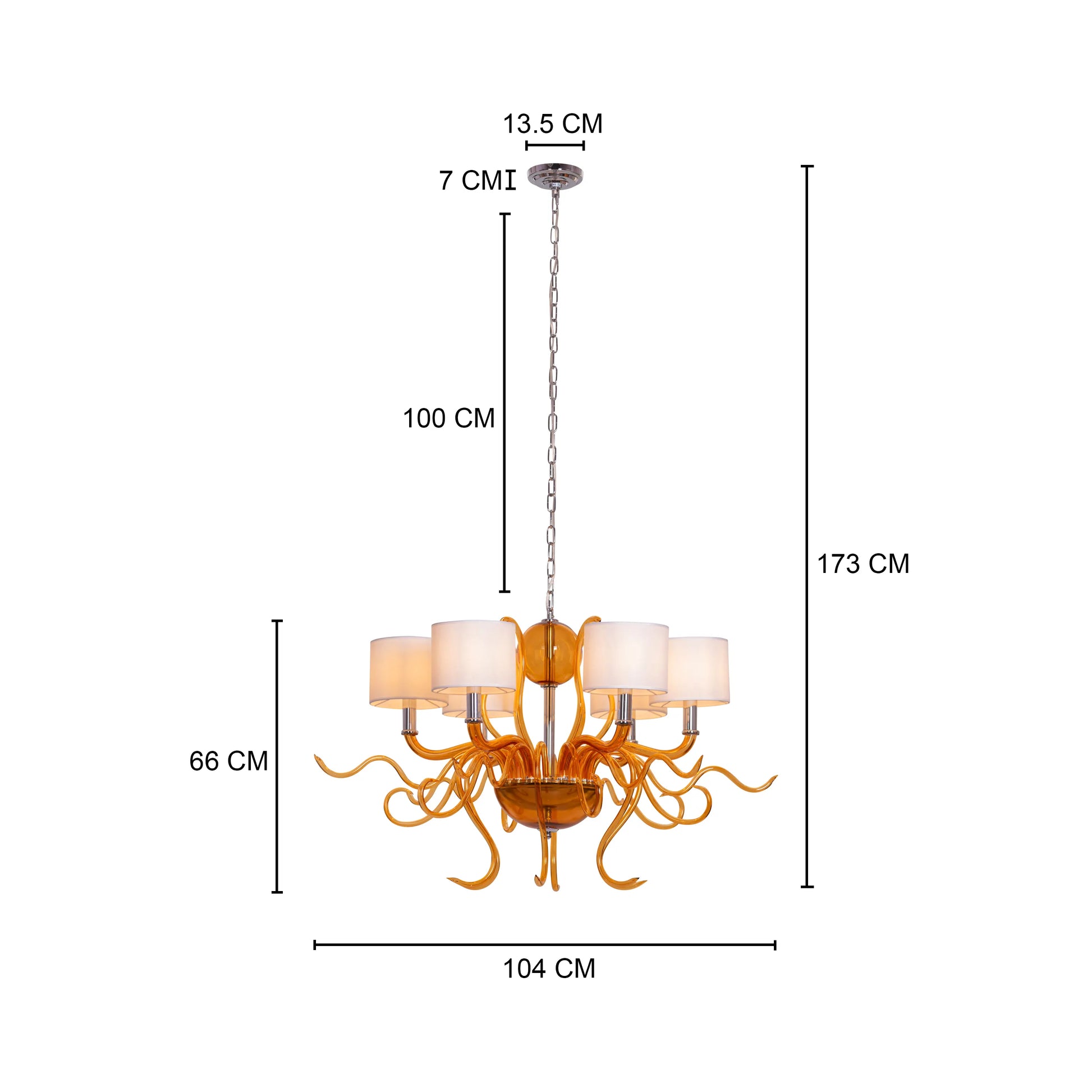 Large clear glass chandelier with chrome, amber, and white elements suspended in harmonious arrangement