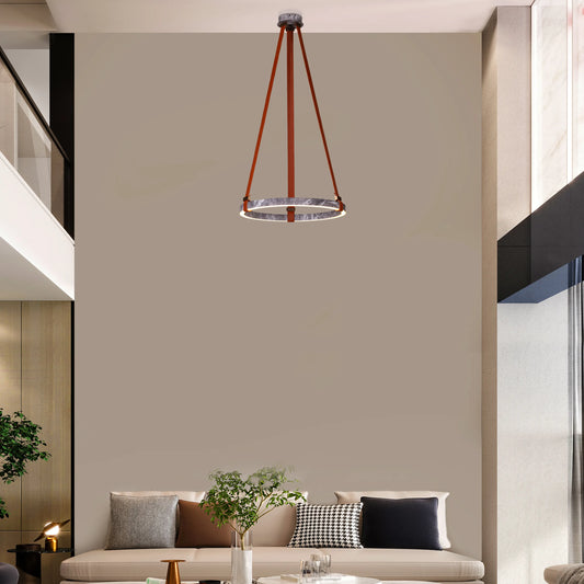 Round grey LED chandelier with slim profile suspended in a modern living room