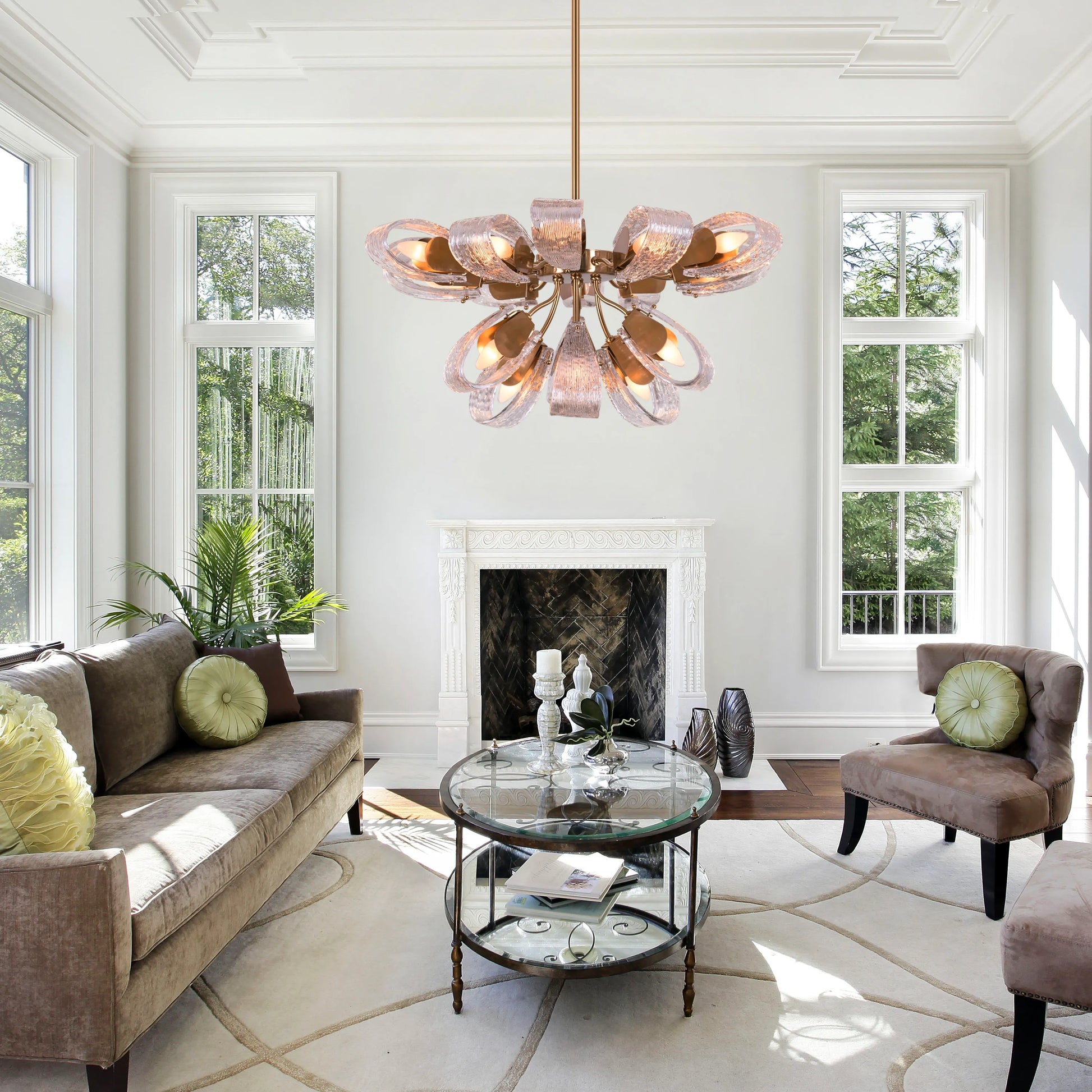 Endless Summer large gold and glass chandelier illuminating a spacious living room