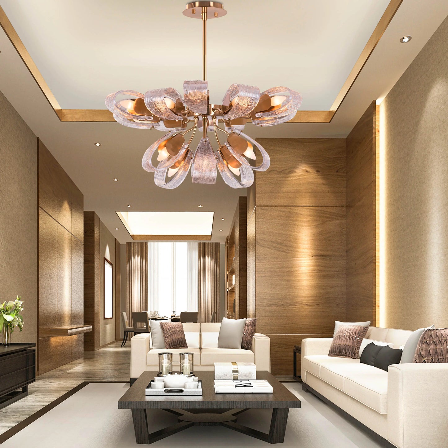 Endless Summer large gold and glass chandelier illuminating a spacious living room