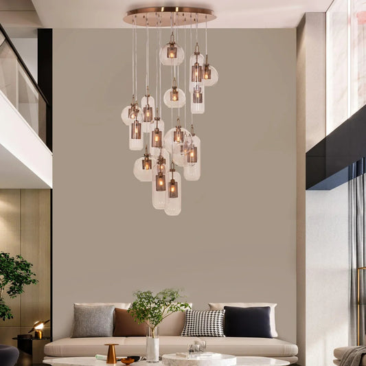 Spectacular large gold and glass chandelier with star-inspired design