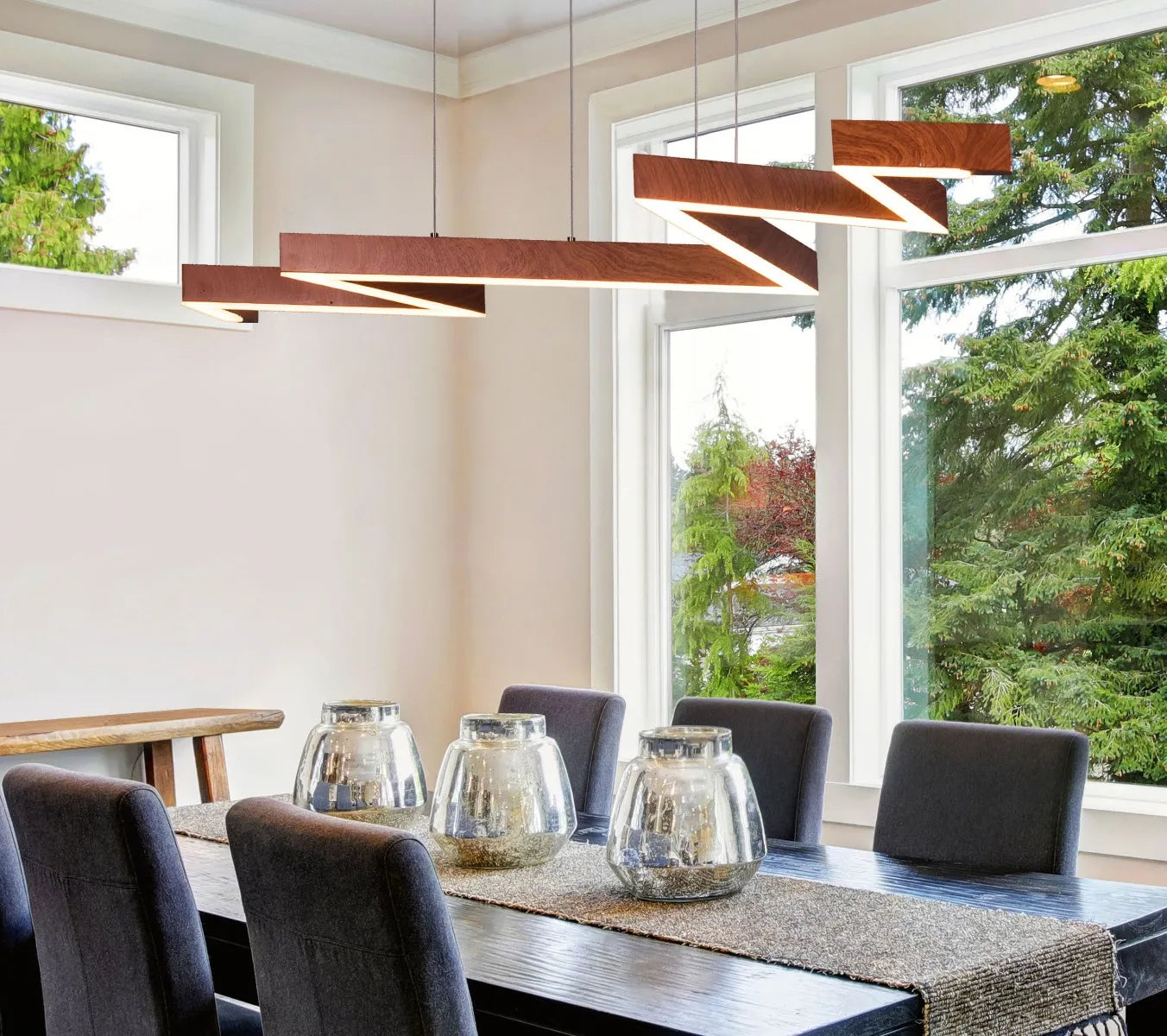 Bolt Chandelier: A medium-sized, wooden chandelier with dimmable LED lighting and remote control.