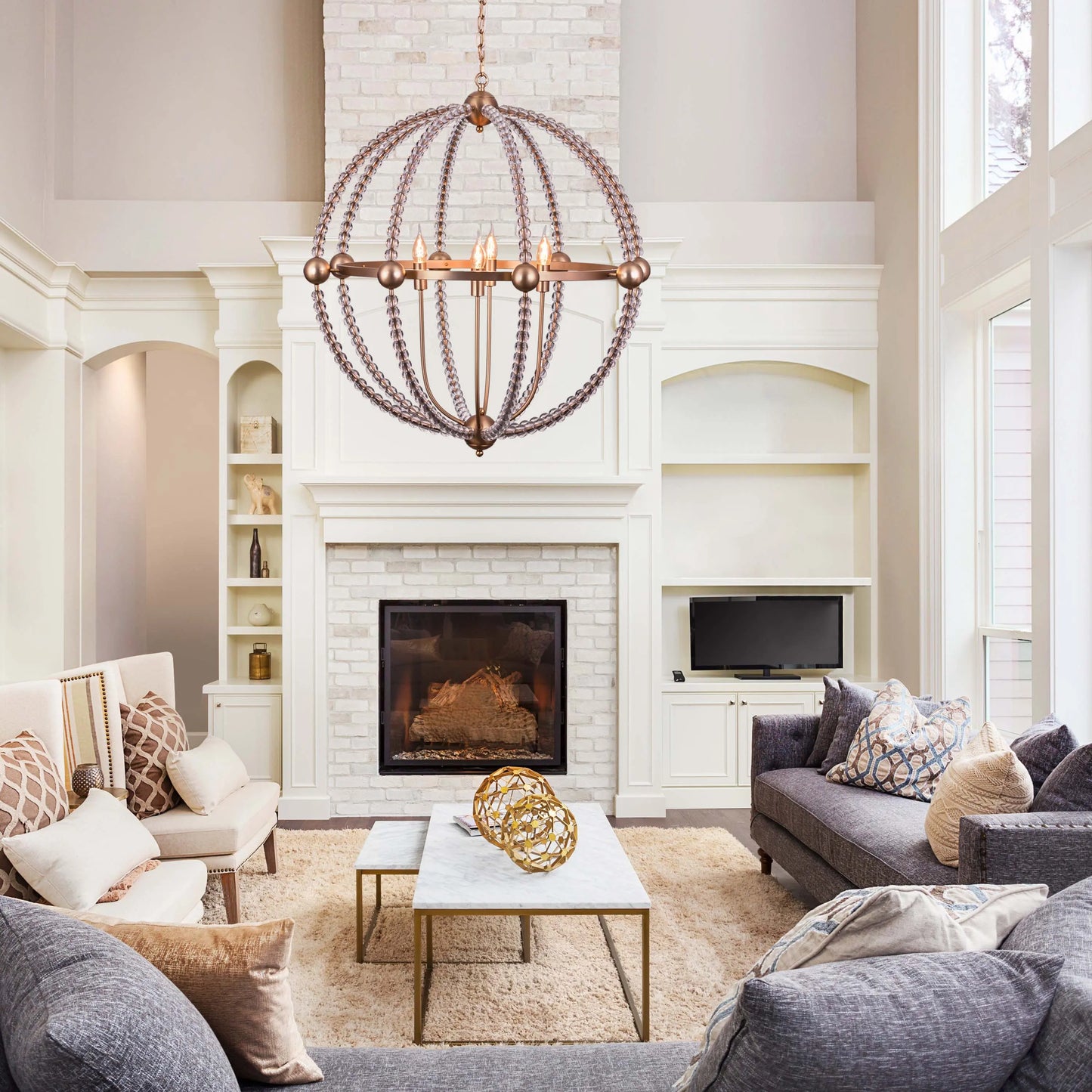 Evening Skies crystal chandelier illuminating a stylish dining room.