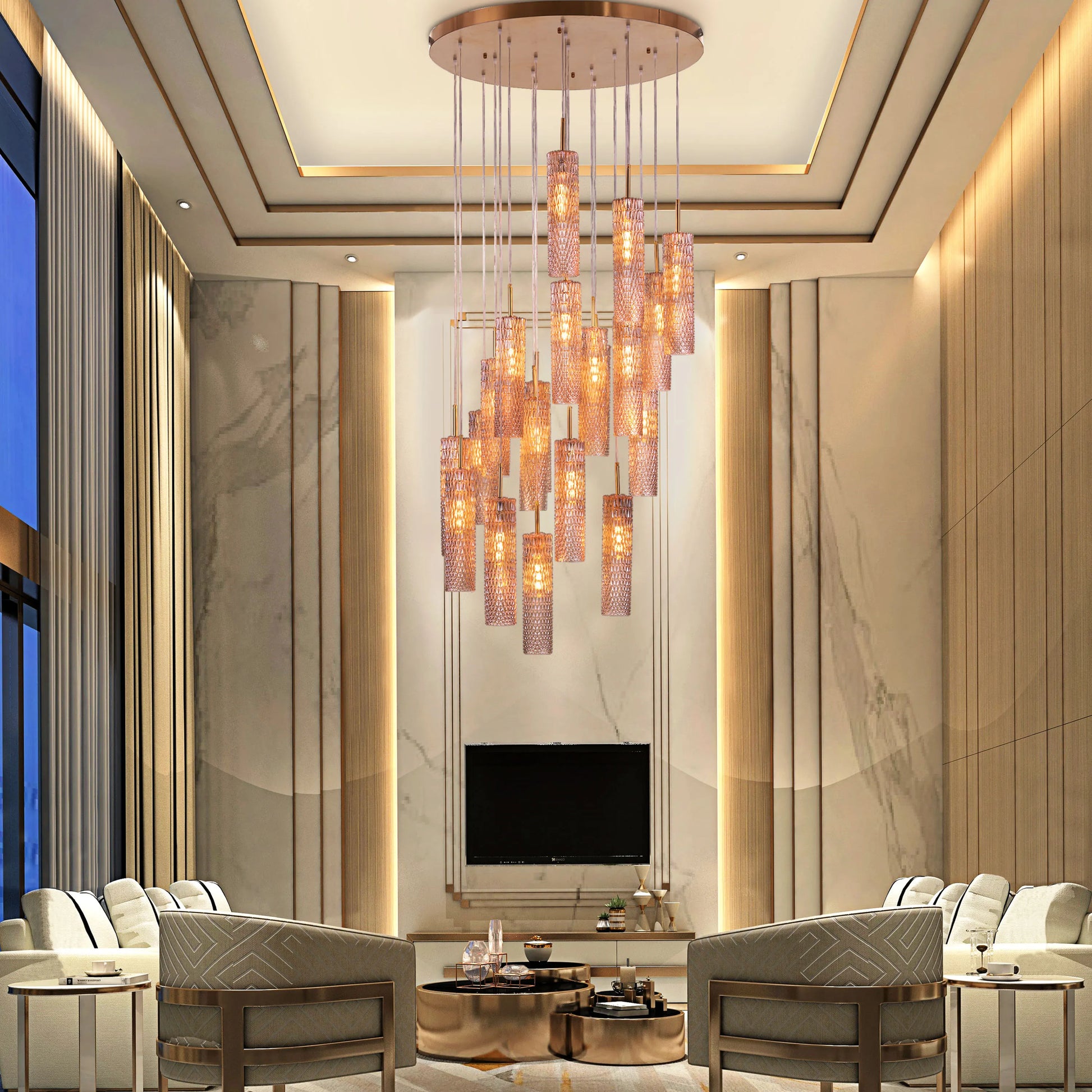 Large gold chandelier with cascading champagne glasses, resembling falling snow