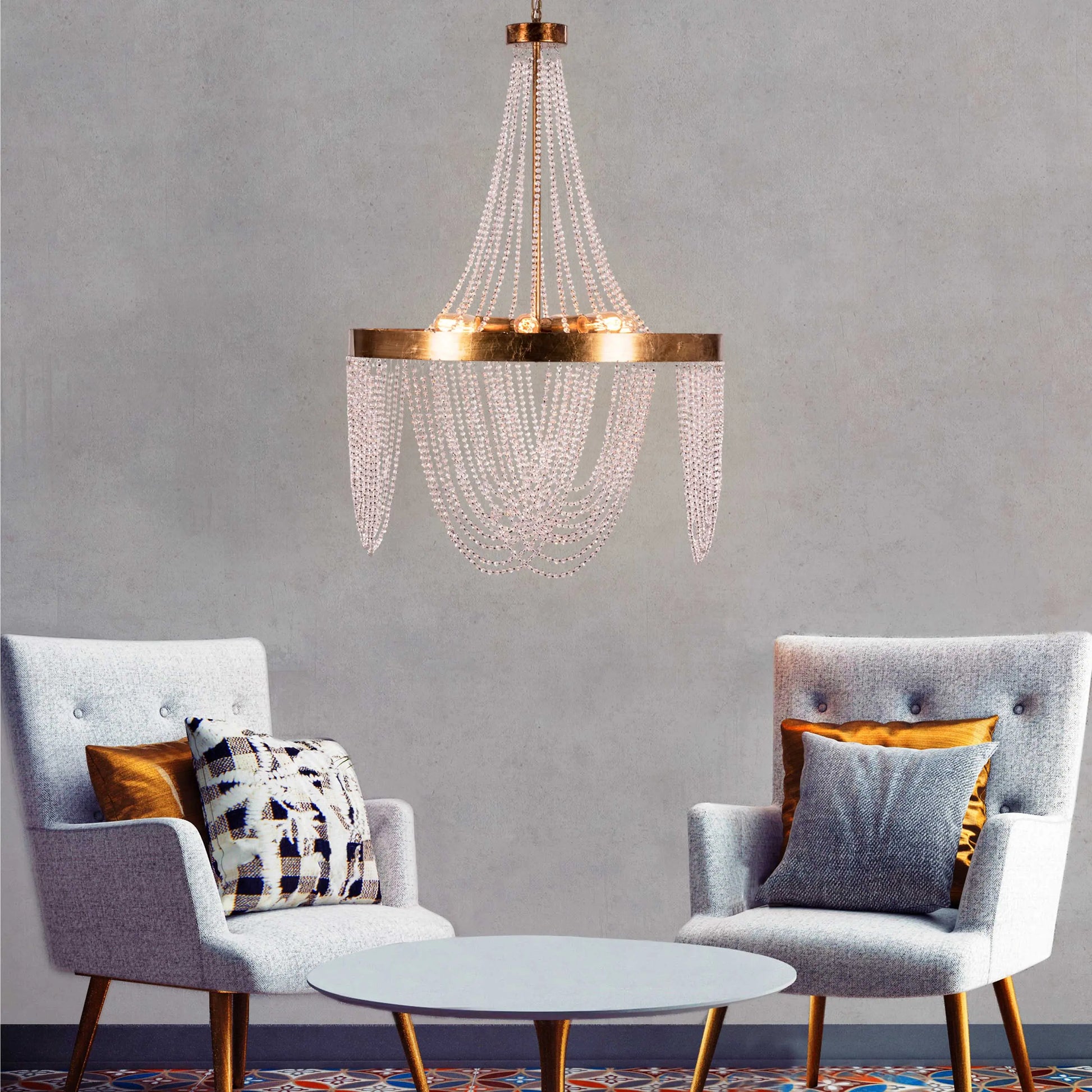 All That Glitters Crystal Chandelier hanging in a luxury living room