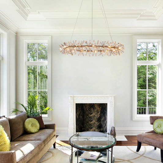 See Me In A Crown crystal chandelier illuminating a grand, formal living room