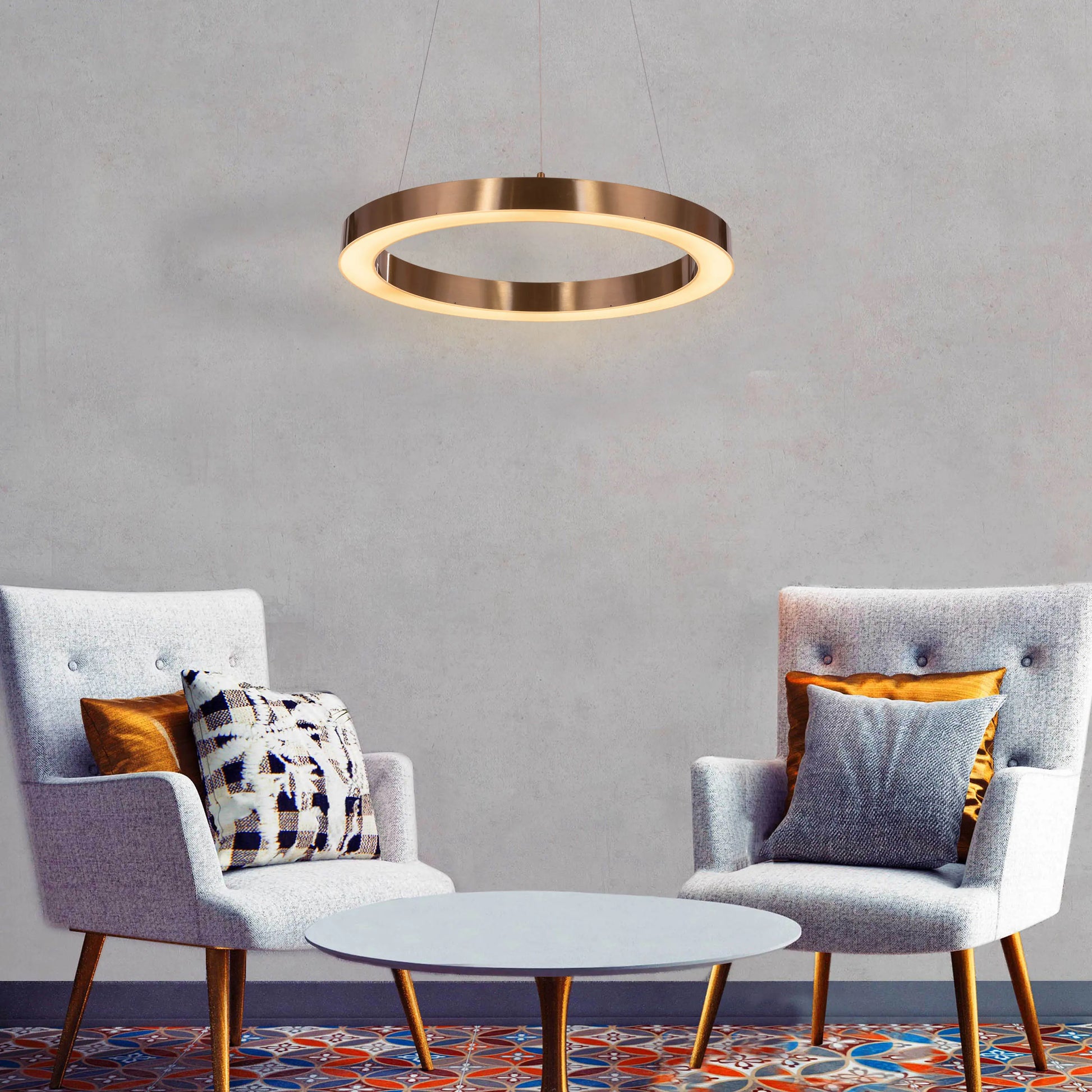 You Do You gold chandelier illuminating a personalized living space with adjustable LED lighting