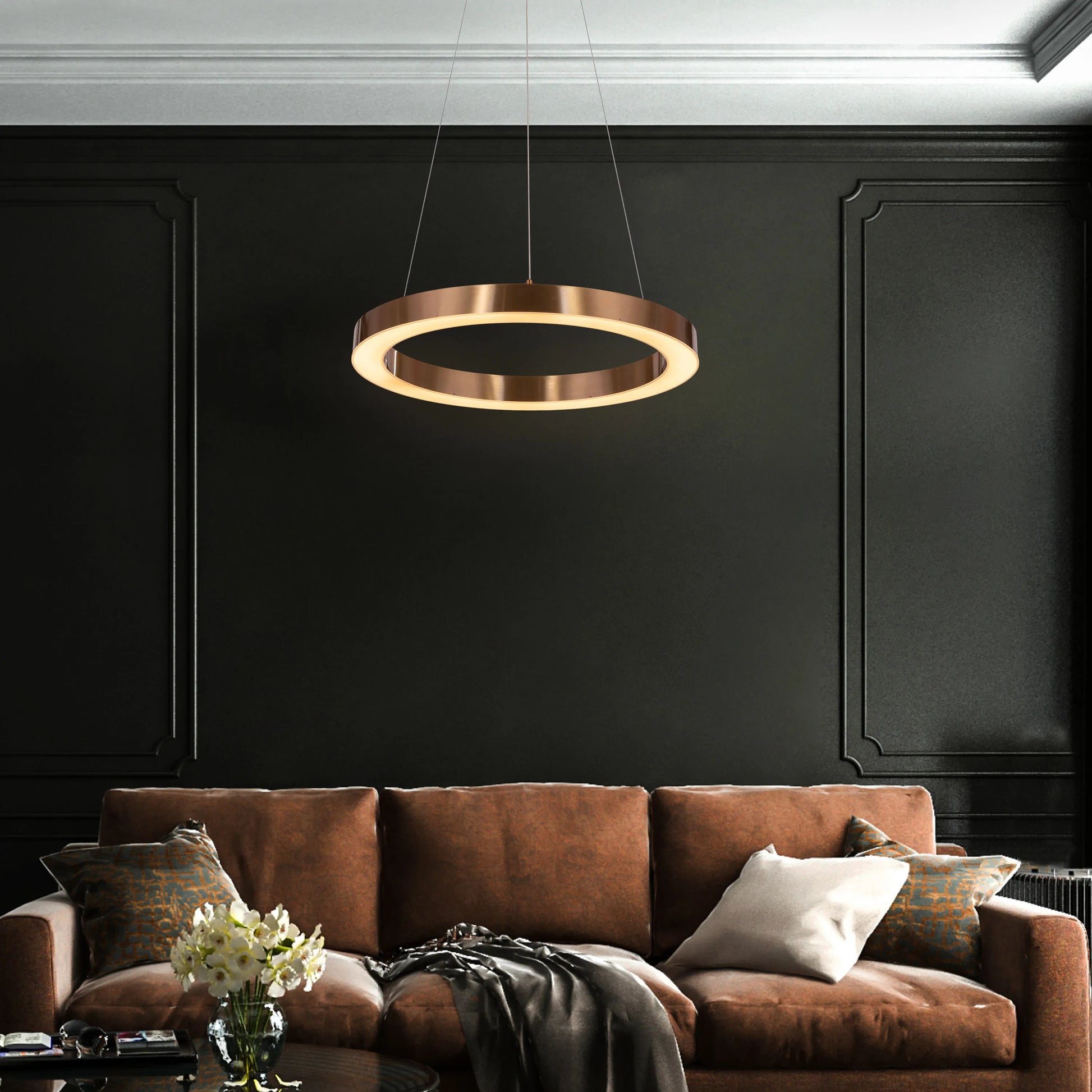 You Do You gold chandelier illuminating a personalized living space with adjustable LED lighting